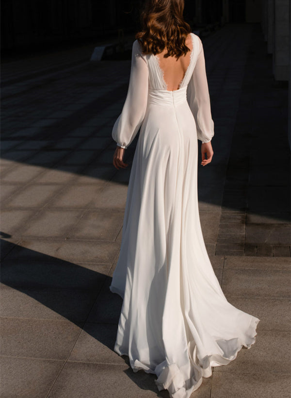 Chic A-line V-neck Wedding Dresses Chiffon Sweep Train-Dbrbridal