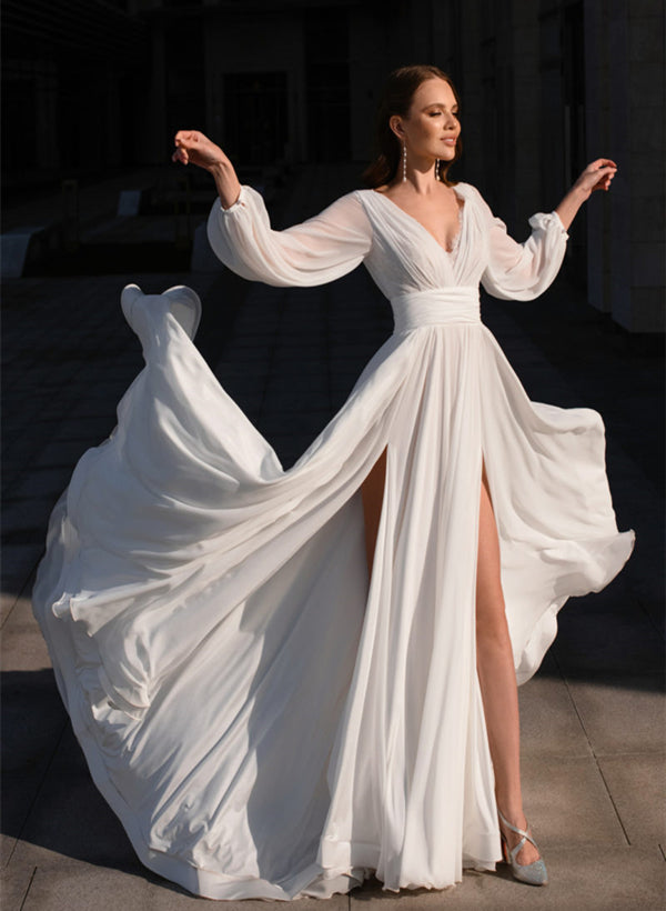 Chic A-line V-neck Wedding Dresses Chiffon Sweep Train-Dbrbridal