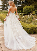 Chic A-line Wedding Dress Illusion Long Sleeves Hole Back-Dbrbridal