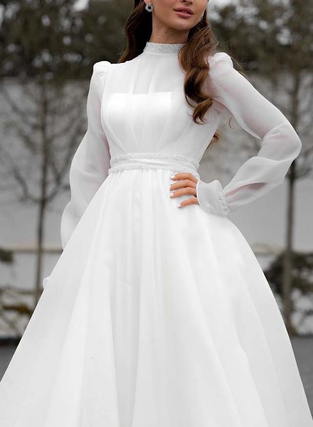 Chic A-line Wedding Dresses High Neck Long Sleeves-Dbrbridal