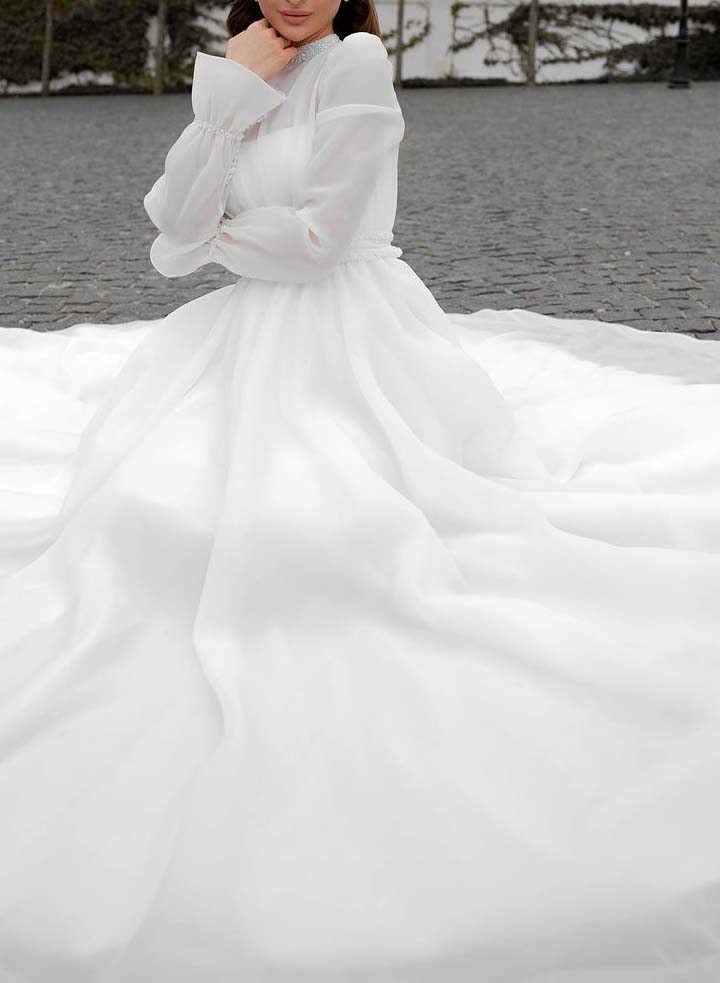 Chic A-line Wedding Dresses High Neck Long Sleeves-Dbrbridal