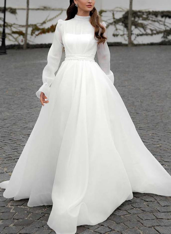 Chic A-line Wedding Dresses High Neck Long Sleeves-Dbrbridal