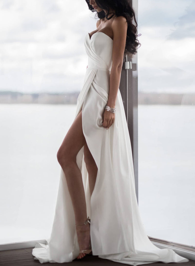 Chic A-line Wedding Dresses High Slit Summer Beach Satin Elegant Sweetheart-Dbrbridal