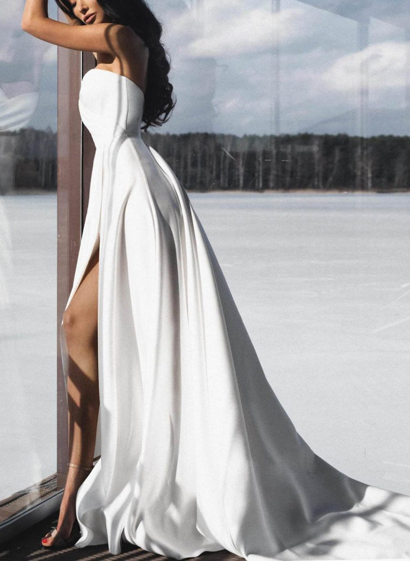 Chic A-line Wedding Dresses High Slit Summer Beach Satin Elegant Sweetheart-Dbrbridal