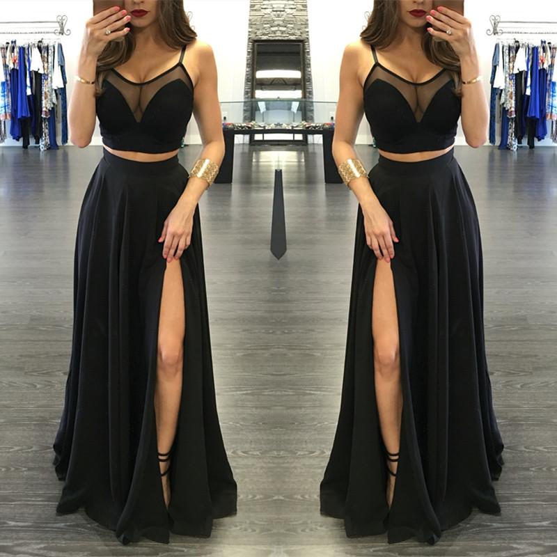 Chic Black Illusion Designer Two Pieces Formal DressesFront Split Spaghetti-Straps-Dbrbridal