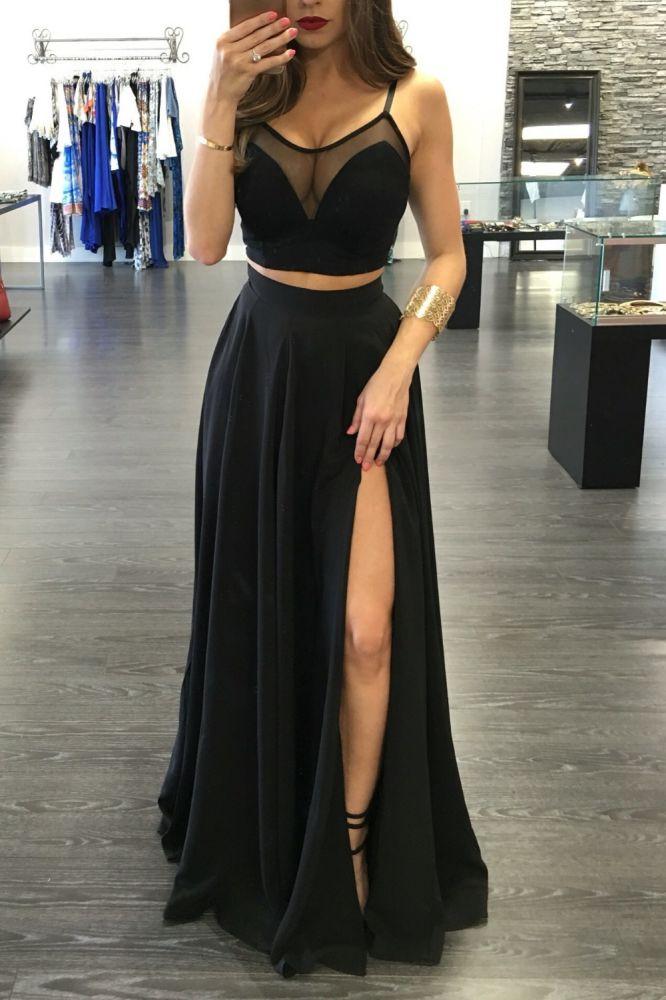 Chic Black Illusion Designer Two Pieces Formal DressesFront Split Spaghetti-Straps-Dbrbridal