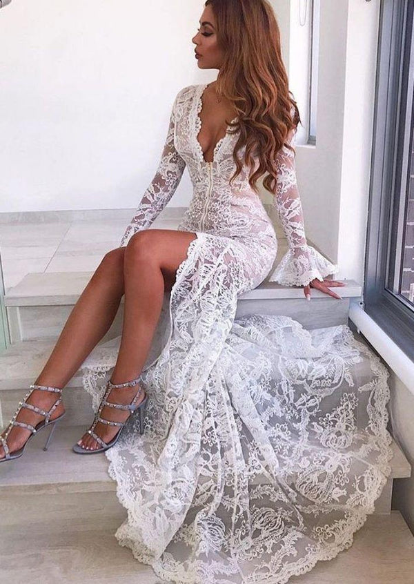 Chic Long Sleevess V-Neck Party Dresses Lace Evening Party Dress With Slit-Dbrbridal