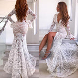 Chic Long Sleevess V-Neck Party Dresses Lace Evening Party Dress With Slit-Dbrbridal