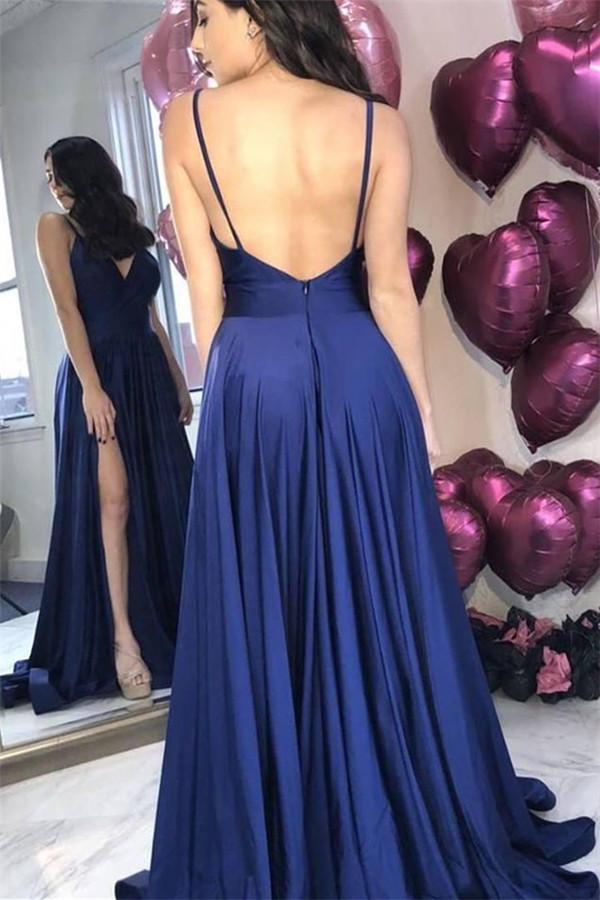 Chic Navy Blue Backless Simple Evening Dresses Spaghetti-Strapss Prom Dresses Online with Chic high Split-Dbrbridal