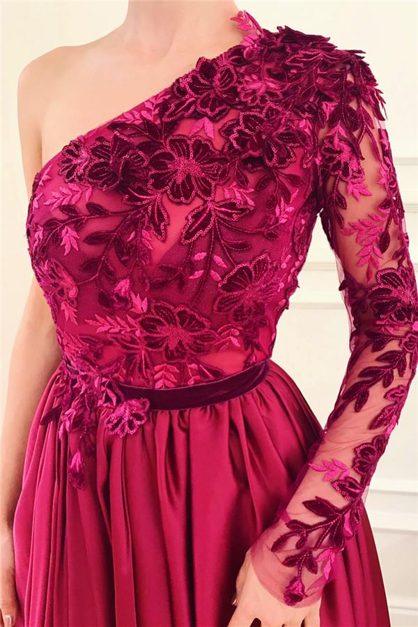 Chic One Shoulder Front Slit Burgundy Evening Gowns Party Dresses Affordable One Sleeve Appliques Long Prom Dresses-Dbrbridal