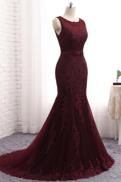 Chic Scoop Sleeveless Tulle Mermaid Appliques Sequins Zipper Prom Dresses-Dbrbridal