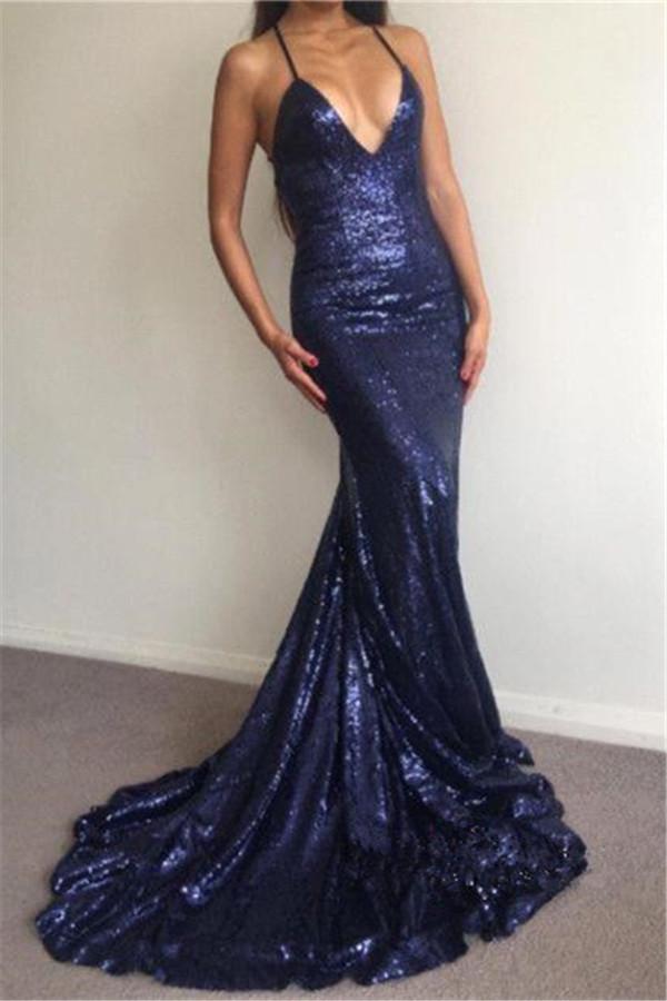 Chic Sequins Sexy Deep V-Neck Party Dresses Backless Mermaid Chic Evening Gowns-Dbrbridal