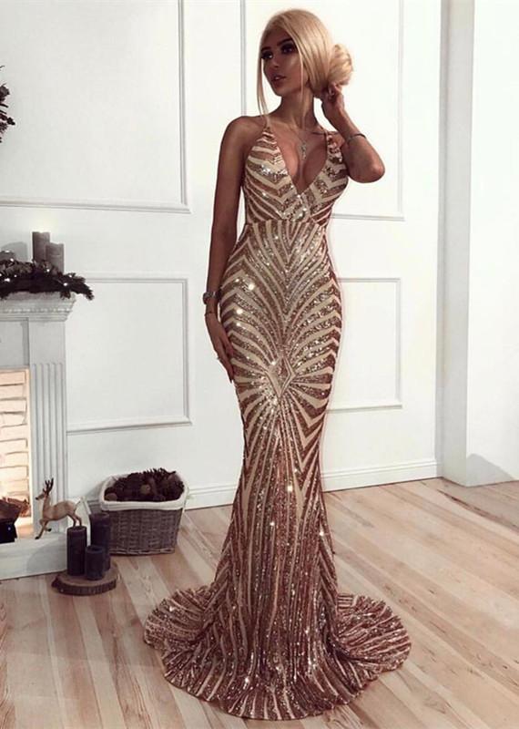 Chic V-Neck Mermaid Party Dresses Sequins Long Evening Party Gowns-Dbrbridal