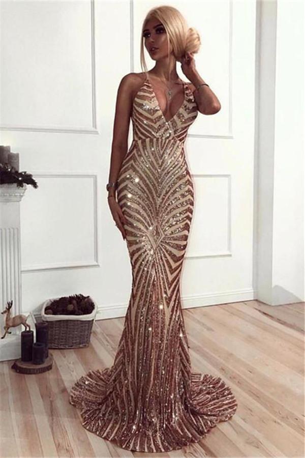 Chic V-Neck Mermaid Party Dresses Sequins Long Evening Party Gowns-Dbrbridal