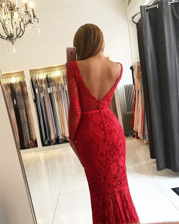 Chic V-Neck Open Back Scarlet Lace Evening Dresses Chic Long Sleevess Fit and Flare Prom Dresses-Dbrbridal