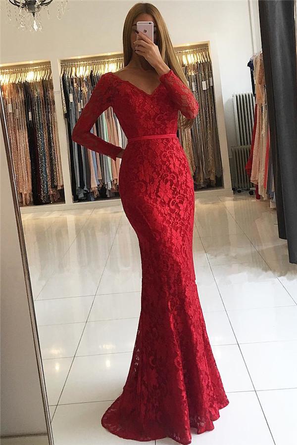 Chic V-Neck Open Back Scarlet Lace Evening Dresses Chic Long Sleevess Fit and Flare Prom Dresses-Dbrbridal