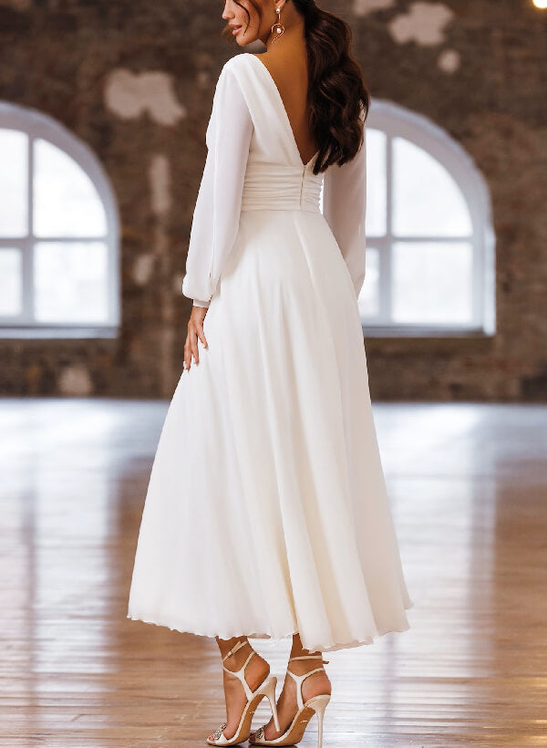 Chiffon Chic A-line Short Wedding Dresses Long Sleeves-Dbrbridal