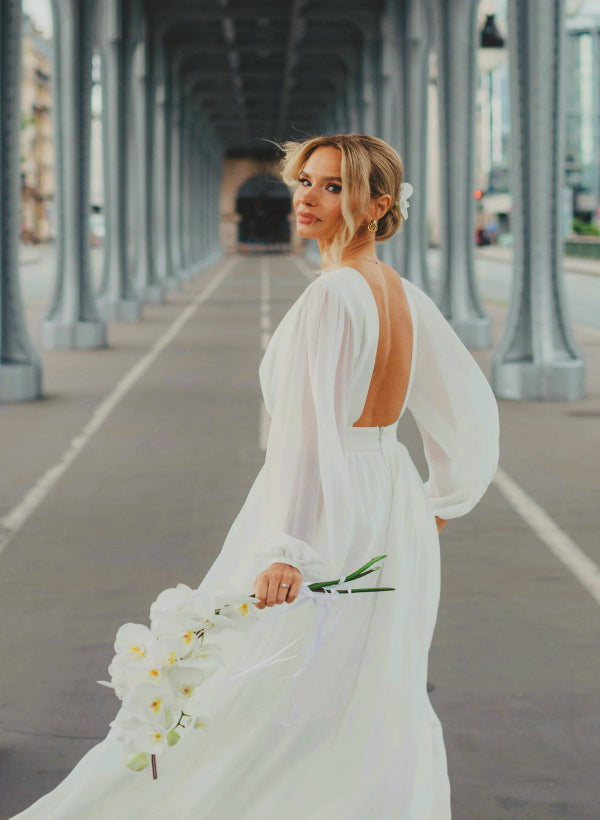 Chiffon Floor-Length Wedding Dress Chic A-line Silhouette Scoop Neck Long Sleeves-Dbrbridal