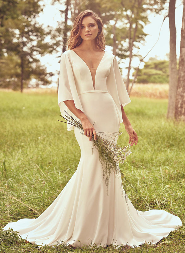 Chiffon Sleeve Boho Garden Summer Beach Mermaid Fitted Wedding Dresses-Dbrbridal