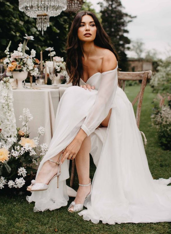 Chiffon Slit Off-The-Shoulder Long Sleeve Wedding Dress-Dbrbridal