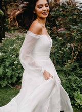 Chiffon Slit Off-The-Shoulder Long Sleeve Wedding Dress-Dbrbridal