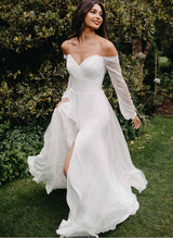 Chiffon Slit Off-The-Shoulder Long Sleeve Wedding Dress-Dbrbridal