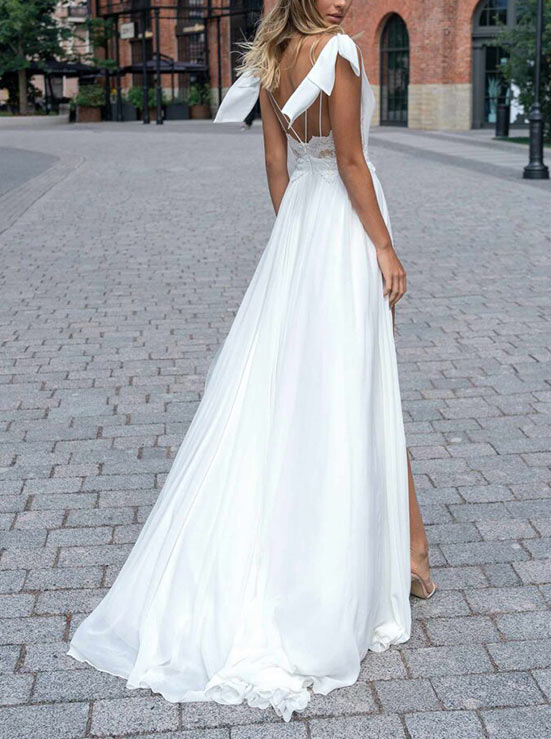 Chiffon V-Neck Bow Wedding Dress Split Front-Dbrbridal