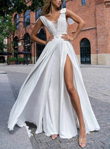 Chiffon V-Neck Bow Wedding Dress Split Front-Dbrbridal