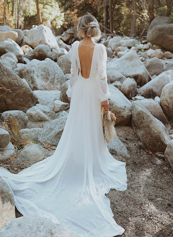 Chiffon V neck wedding dress open back long sleeves-Dbrbridal