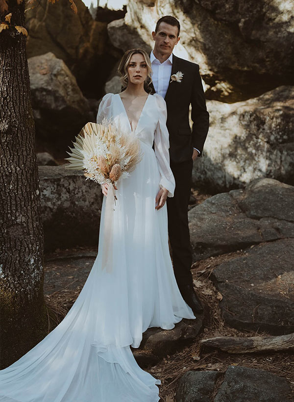 Chiffon V neck wedding dress open back long sleeves-Dbrbridal