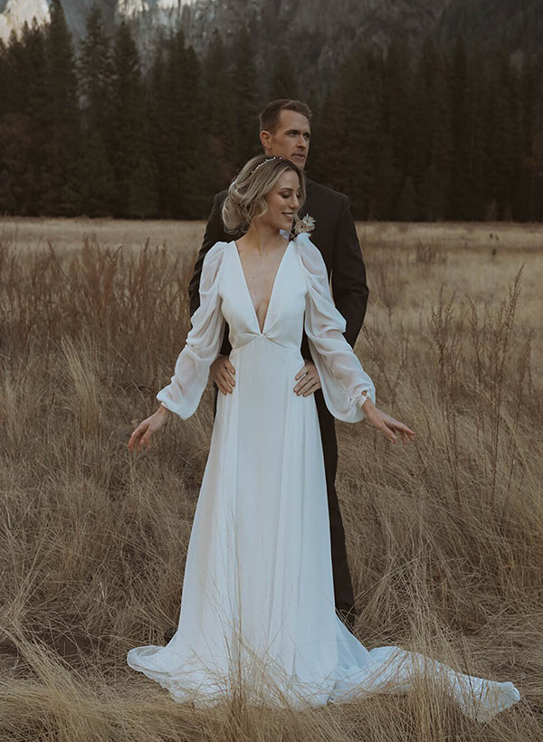 Chiffon V neck wedding dress open back long sleeves-Dbrbridal