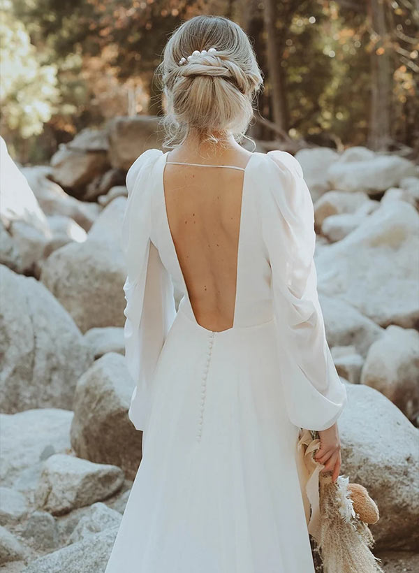 Chiffon V neck wedding dress open back long sleeves-Dbrbridal