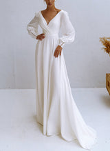 Chiffon Wedding Dresses Beaded Chic A-line V-Neck Long Sleeves-Dbrbridal