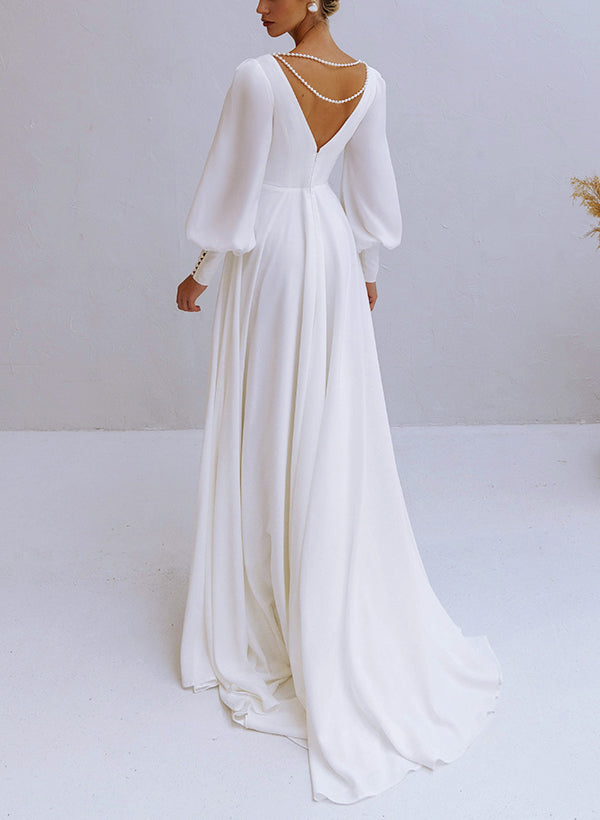 Chiffon Wedding Dresses Beaded Chic A-line V-Neck Long Sleeves-Dbrbridal