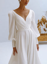 Chiffon Wedding Dresses Beaded Chic A-line V-Neck Long Sleeves-Dbrbridal