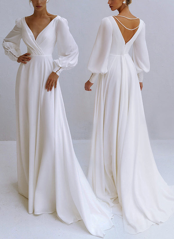 Chiffon Wedding Dresses Beaded Chic A-line V-Neck Long Sleeves-Dbrbridal