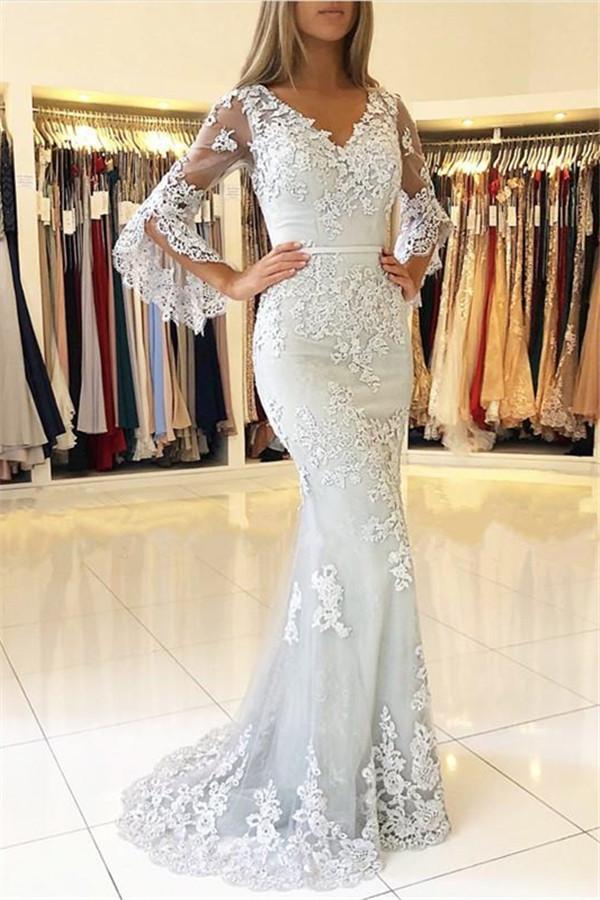 Classic V-Neck Bell Sleeves Prom Dresses Lace Appliques Mermaid Evening Dresses-Dbrbridal