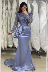 Classy Lavender Long Mermaid High Neck Beading Evening Party Gowns With Long Sleeves-Dbrbridal