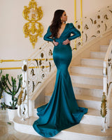 Classy Long Mermaid V-neck Beading Evening Party Gowns With Long Sleeves-Dbrbridal