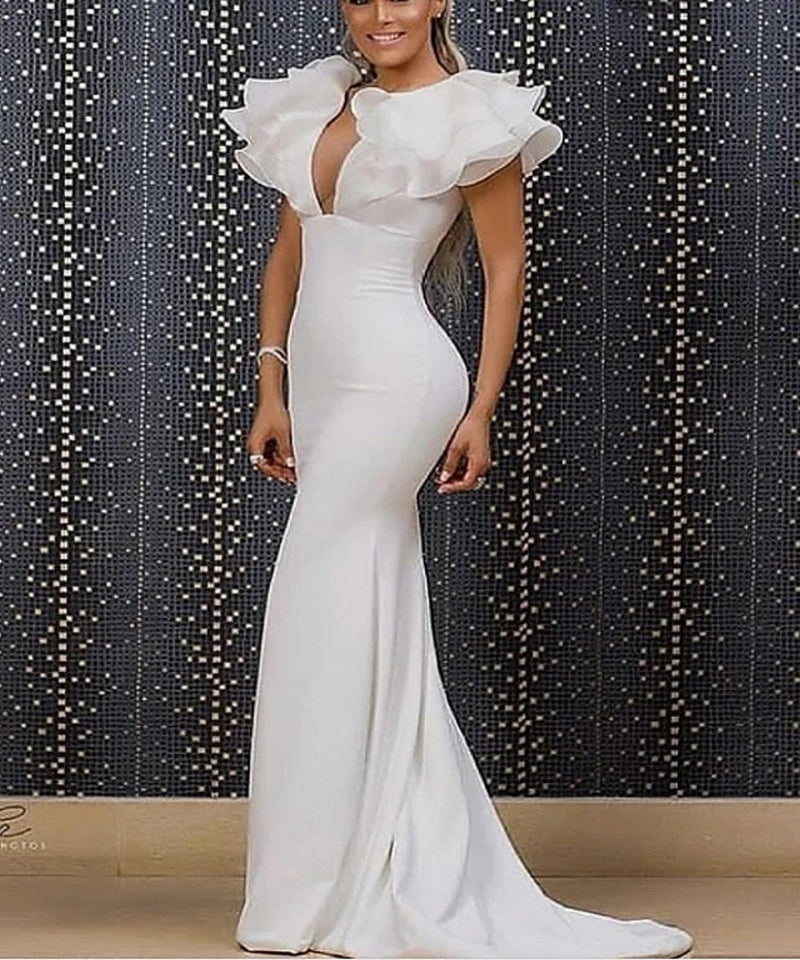 Classy Long White Mermaid V-neck Sleeveless Evening Party Gowns With Ruffles Long-Dbrbridal