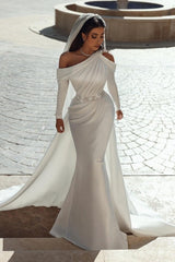 Classy One Shoulder Long Sleeves Mermaid Bridal Gown With Ruffles Long-Dbrbridal