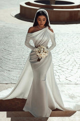 Classy One Shoulder Long Sleeves Mermaid Bridal Gown With Ruffles Long-Dbrbridal