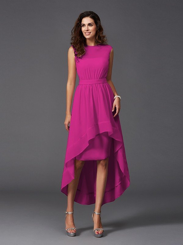 Classy Sash/Ribbon/Belt Sleeveless High Low Chiffon Bridesmaid Dresses-Dbrbridal