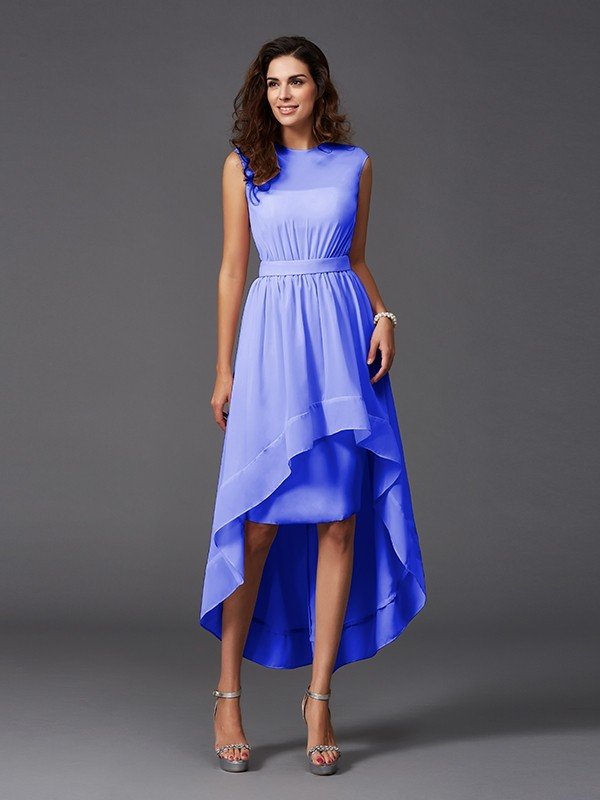 Classy Sash/Ribbon/Belt Sleeveless High Low Chiffon Bridesmaid Dresses-Dbrbridal