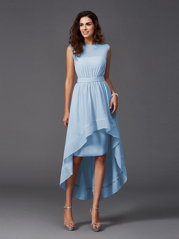 Classy Sash/Ribbon/Belt Sleeveless High Low Chiffon Bridesmaid Dresses-Dbrbridal