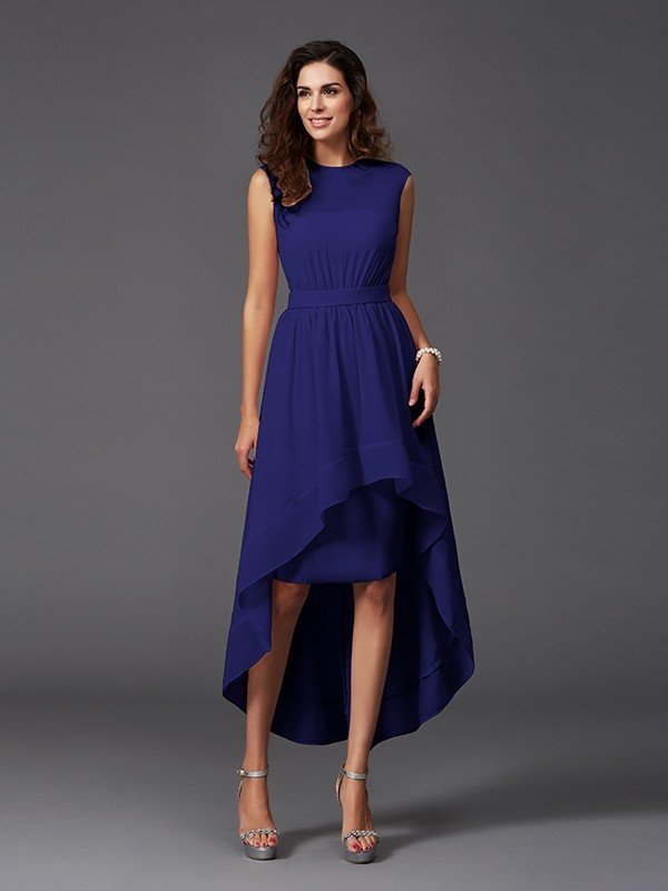 Classy Sash/Ribbon/Belt Sleeveless High Low Chiffon Bridesmaid Dresses-Dbrbridal