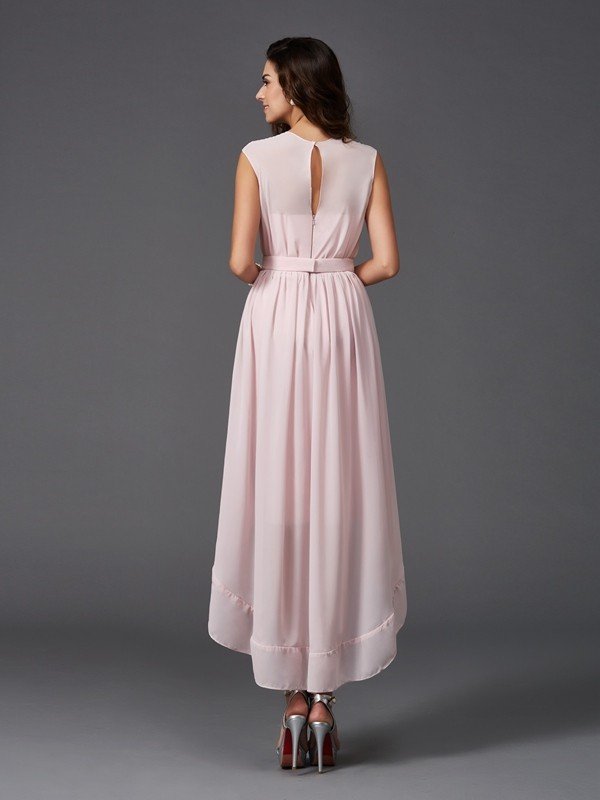 Classy Sash/Ribbon/Belt Sleeveless High Low Chiffon Bridesmaid Dresses-Dbrbridal