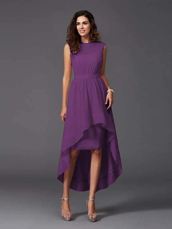 Classy Sash/Ribbon/Belt Sleeveless High Low Chiffon Bridesmaid Dresses-Dbrbridal