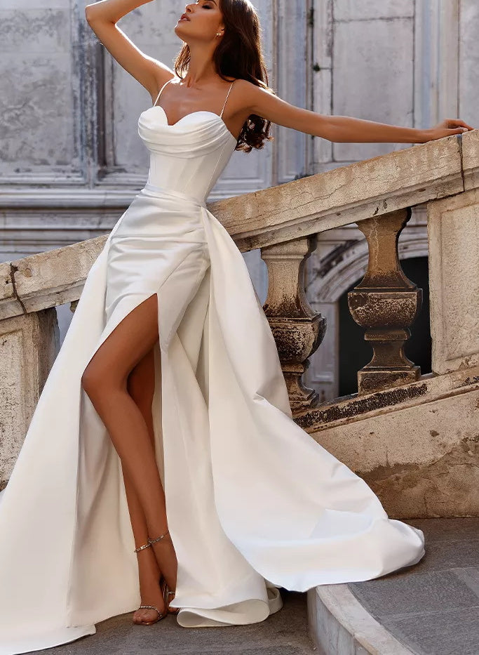 Cowl Neck Wedding Dresses Detachable Train-Dbrbridal