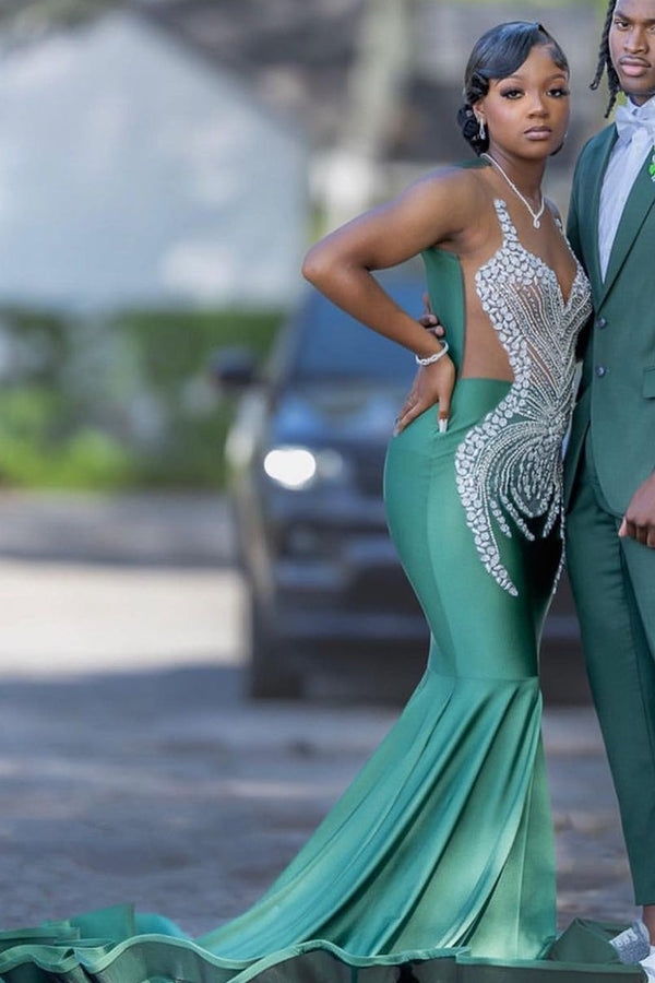 Dark Green Mermaid Floor length Prom Dresses with Silver Beads-Dbrbridal